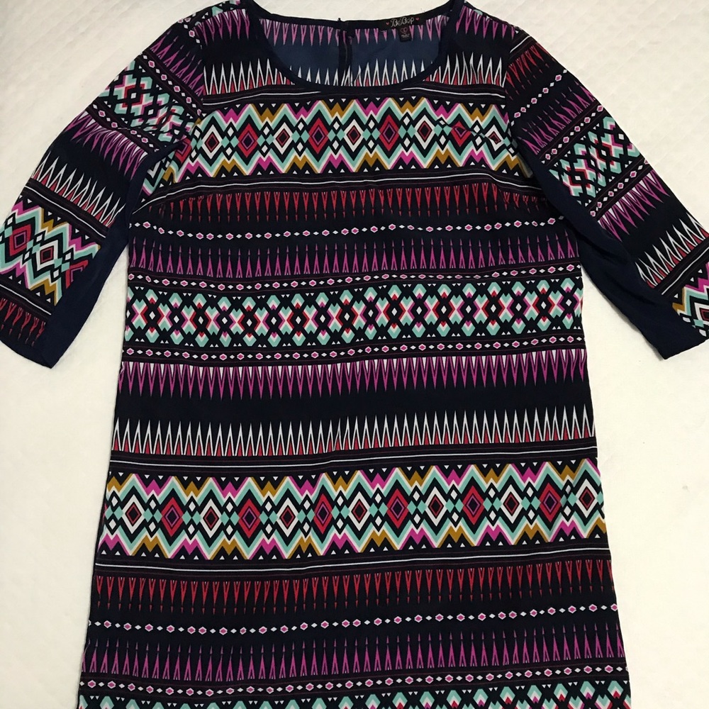 Colorful print and navy blue dress